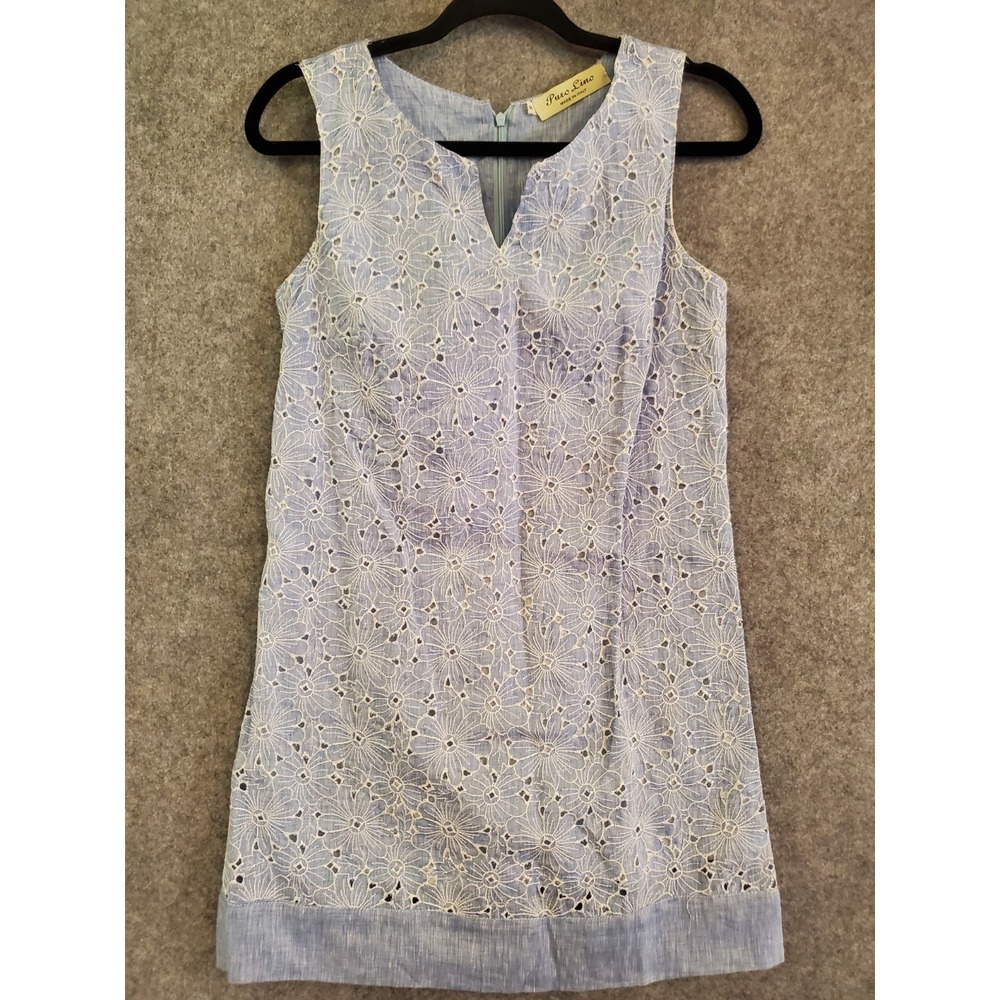 🌷Puro Lino 100% Linen Blue White Shift Dress Eyelet Coastal Beach Dress S Italy